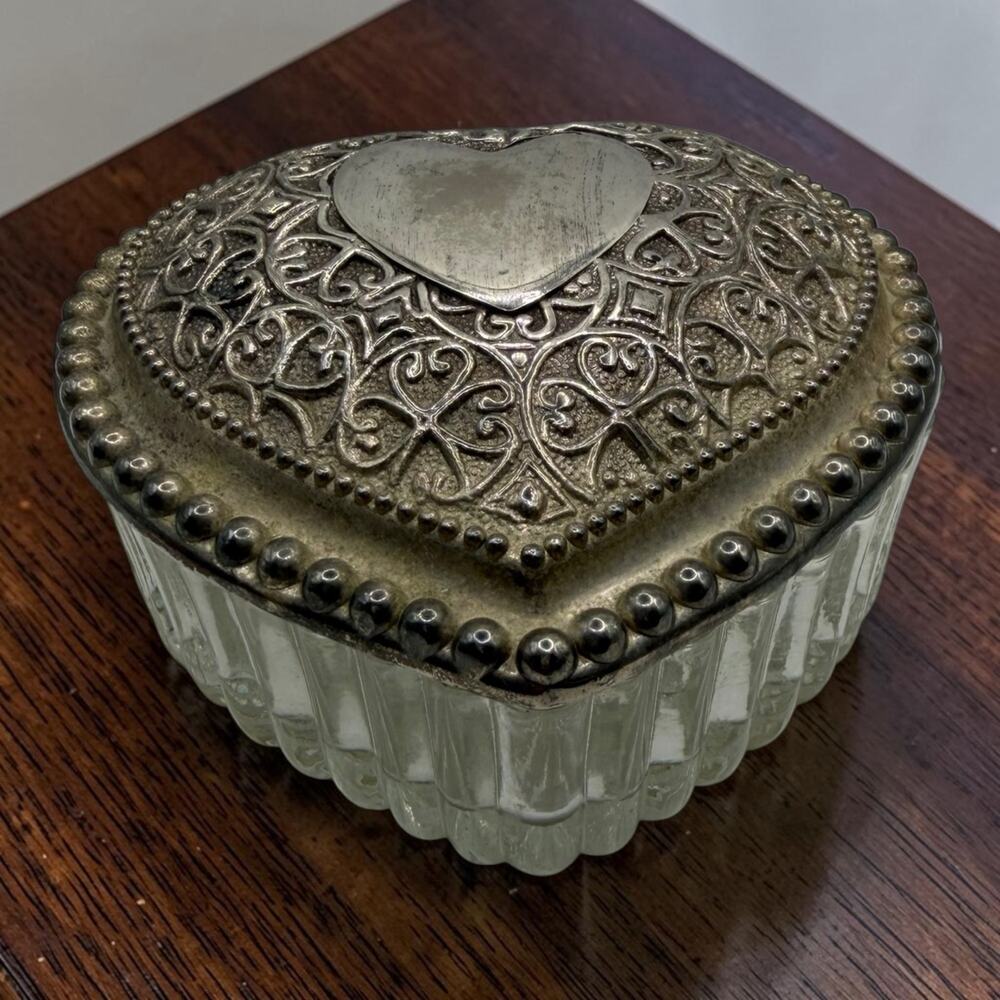 Vintage Heart-Shaped Glass Trinket Box with Ornate Metal Lid